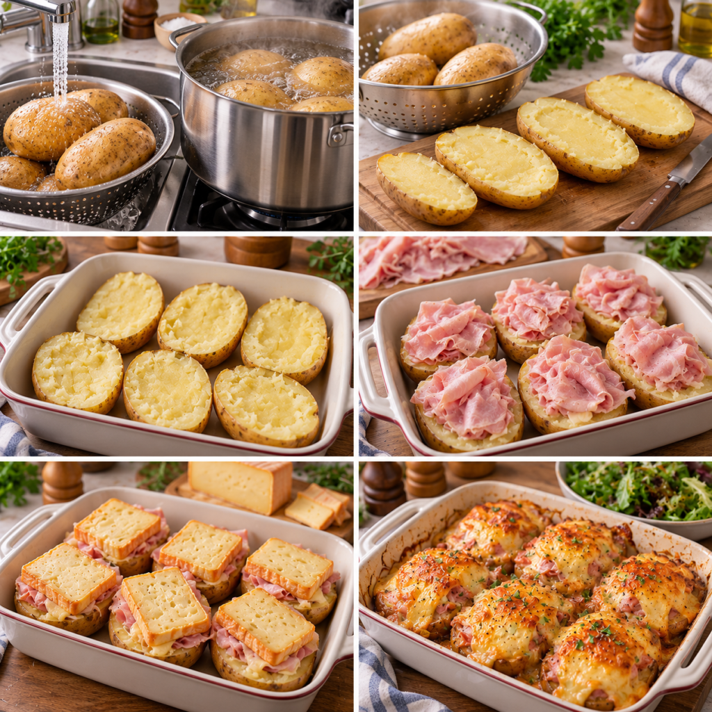 A cozy homemade cooking scene featuring a grande casserole filled with jacket potatoes au jambon et Maroilles, placed on a rustic wooden kitchen table. In the foreground, the casserole is beautifully browned and bubbling, with golden crusty cheese melting on top. The middle ground showcases fresh herbs and a wooden spoon nestled beside the dish, highlighting the comforting essence of home-cooked meals. In the background, soft afternoon light filters through a window, casting warm shadows and enhancing the inviting atmosphere. The kitchen is adorned with rustic decor, such as hanging pots and a patterned cloth nearby, creating a sense of warmth and nostalgia. The overall mood is heartwarming and appetizing, inviting viewers to imagine the deliciousness of the dish. Jacket potatoes au jambon et Maroilles