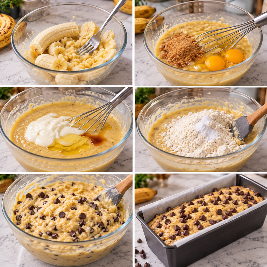 A cozy kitchen scene depicting the step-by-step preparation of a soft banana chocolate cake. In the foreground, a rustic wooden table is adorned with ripe bananas, chocolate chips, a mixing bowl filled with batter, and measuring cups. The bowl is partially filled with a creamy, golden mixture, with a wooden spoon leaning against it. In the middle, a sunny window casts warm, natural light, creating a soft atmosphere. A kitchen scale sits nearby, contrasting with mason jars filled with flour and sugar. In the background, shelves hold baking essentials like cookbooks and spices, enhancing the homey feel. Capture the essence of warmth, comfort, and delicious anticipation, showcasing the simplicity of baking this delightful cake. The composition should emphasize depth and detail, with a focus on the inviting elements of the cooking process. Cake léger à la banane et pépites de chocolat