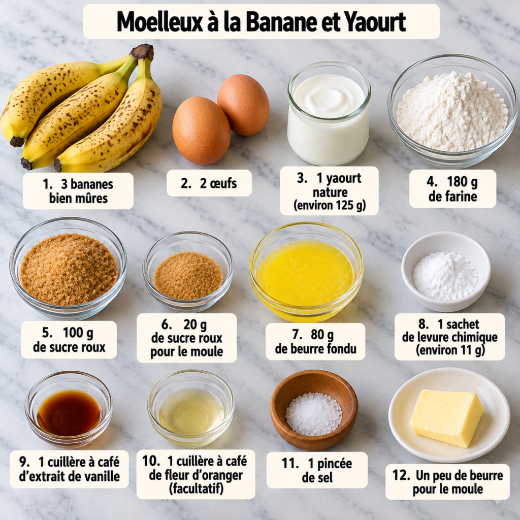 A cozy homemade cooking scene featuring a freshly baked Moelleux à la Banane et Yaourt, placed on a rustic wooden kitchen table. The cake has a golden-brown crust, with a moist, fluffy texture visible on the cut surface, revealing the soft banana and yogurt layers inside. Surrounding the cake are ingredients like ripe bananas, a small bowl of yogurt, and scattered flour. The background showcases warm, soft lighting filtering through a window, creating an inviting atmosphere. A whisk and mixing bowl hint at the preparation process, while a few delicate kitchen utensils rest nearby. The overall mood is warm and homely, perfect for a delightful afternoon treat. The composition is captured from a slightly overhead angle to highlight the cake's delicious details. Moelleux à la Banane et Yaourt