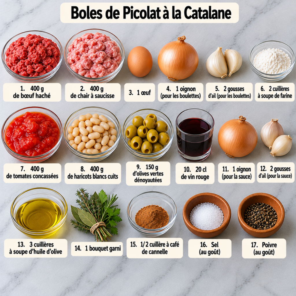 A cozy homemade cooking scene showcasing the preparation of Catalan meatballs. In the foreground, a wooden cutting board holds raw ground beef and sausage meat, with fresh herbs like parsley and thyme scattered around. Hands in modest casual attire are seen mixing the ingredients. In the middle, a rustic kitchen table is adorned with ripe tomatoes, olives, and white beans in bowls, highlighting the ingredients for the sauce. Background elements include a warm, softly lit kitchen with exposed wooden beams, hanging utensils, and a pot simmering on the stove. The atmosphere is inviting and homey, filled with a sense of culinary tradition and warmth, captured in natural, warm lighting to evoke a sense of comfort. Boles de picolat à la catalane