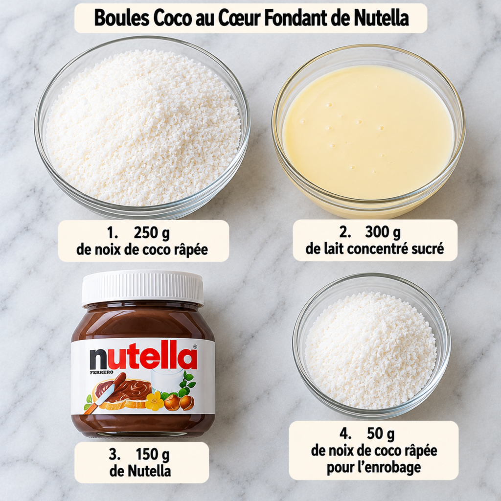 A cozy homemade cooking scene featuring the ingredients for coconut balls with a Nutella center. In the foreground, a wooden kitchen table displays a variety of ingredients: grated coconut, sweetened condensed milk, and a jar of Nutella, meticulously arranged in small bowls. A wooden spoon and a measuring cup are nearby, hinting at the preparation process. In the middle ground, a bowl filled with the coconut mixture sits beside a plate of round coconut balls, some are half-rolled in grated coconut. In the background, soft natural light streams through a window, illuminating a rustic kitchen with vintage utensils and potted herbs, creating a warm and inviting atmosphere, perfect for a delightful cooking experience. Boules coco au cœur Nutella