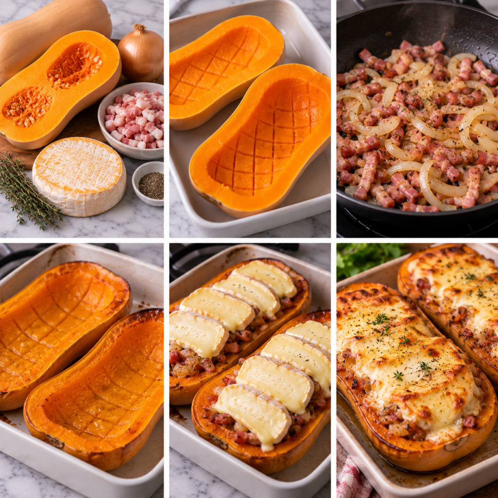 A beautifully baked butternut squash sitting on a rustic wooden kitchen table, its golden, caramelized skin glistening warmly. The squash is halved, revealing a rich filling of creamy reblochon cheese and crispy smoked lardons, melting and bubbling at the edges. Surrounding the butternut are fresh herbs like thyme and rosemary, adding a vibrant green contrast. Soft, natural light filters in through a nearby window, casting gentle shadows and highlighting the textures of the dish. In the background, there are ingredients like garlic and fresh vegetables, and kitchen utensils, suggesting a cozy and inviting homemade cooking atmosphere. The overall mood is warm and welcoming, evoking the joy of comfort food. Courgiflette au reblochon et lardons fumés