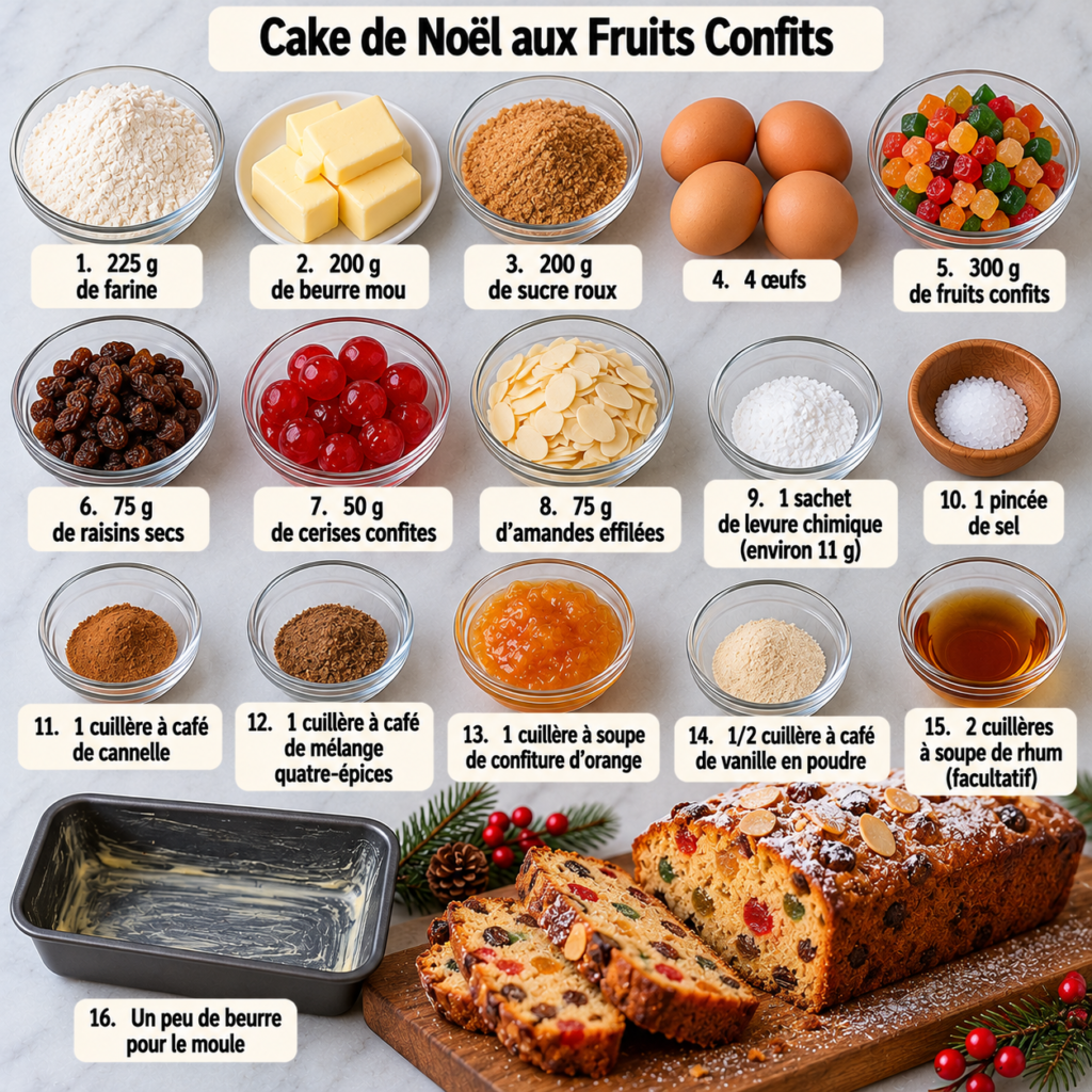 A beautifully decorated "Cake de Noël aux fruits confits" sits at the center of a rustic wooden kitchen table, adorned with a scattering of vibrant, candied fruits such as cherries, oranges, and lemon peels. Surrounding the cake are essential baking tools: a dusting of powdered sugar on a flour-dusted surface, a wooden spoon, and a mixing bowl partially filled with batter. Soft, warm light filters through a nearby window, casting gentle shadows and creating a cozy, inviting atmosphere. In the background, vintage kitchen utensils hang on a wall, while pine branches and small holiday decorations subtly enhance the festive mood. The scene captures a sense of warmth and comfort, perfect for a festive baking experience during the holiday season. Cake de Noël aux fruits confits