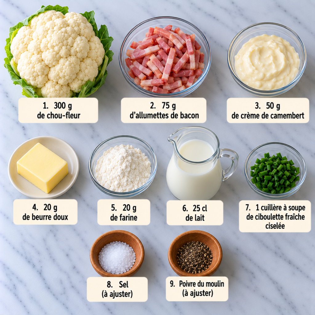 A cozy homemade cooking scene featuring ingredients for cauliflower béchamel with camembert. In the foreground, a fresh cauliflower head rests on a rustic wooden cutting board, surrounded by creamy béchamel sauce in a small bowl and slices of camembert cheese. Nearby, crispy bacon strips add a savory touch, and a few sprigs of fresh herbs provide a pop of color. In the middle, a rustic knife and a measuring cup are placed neatly among the ingredients, suggesting preparation. The background displays a softly lit kitchen with wooden cabinets and hanging herbs, creating a warm and inviting atmosphere. Soft, natural light filters through a window, highlighting the textures of the ingredients and emphasizing a sense of homeliness and culinary delight. chou-fleur béchamel camembert