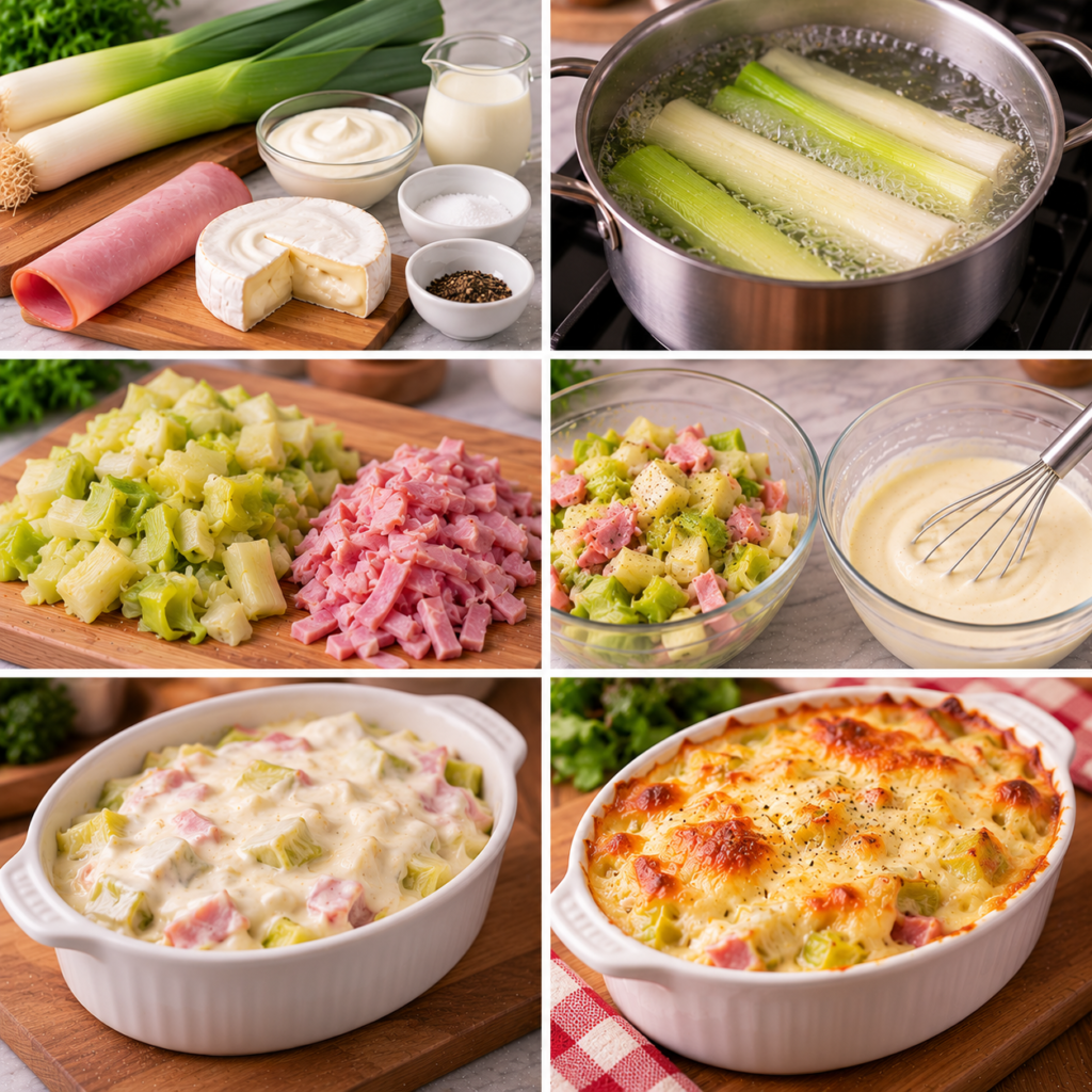 A cozy homemade cooking scene showcasing a "bol de préparation" on a rustic wooden kitchen table. The bowl is filled with vibrant leeks, creamy Camembert, and diced ham, all glistening with a rich, smooth sauce. Surrounding the bowl are fresh herbs, garlic cloves, and kitchen utensils, creating an inviting atmosphere. Soft, warm lighting illuminates the setting, casting gentle shadows to enhance the textures of the ingredients. In the background, a window allows natural light to filter in, revealing hints of a serene garden outside. The composition captures a sense of warmth and comfort, perfect for illustrating the preparation steps of a creamy and comforting dish. Cassolette de poireaux au camembert et jambon
