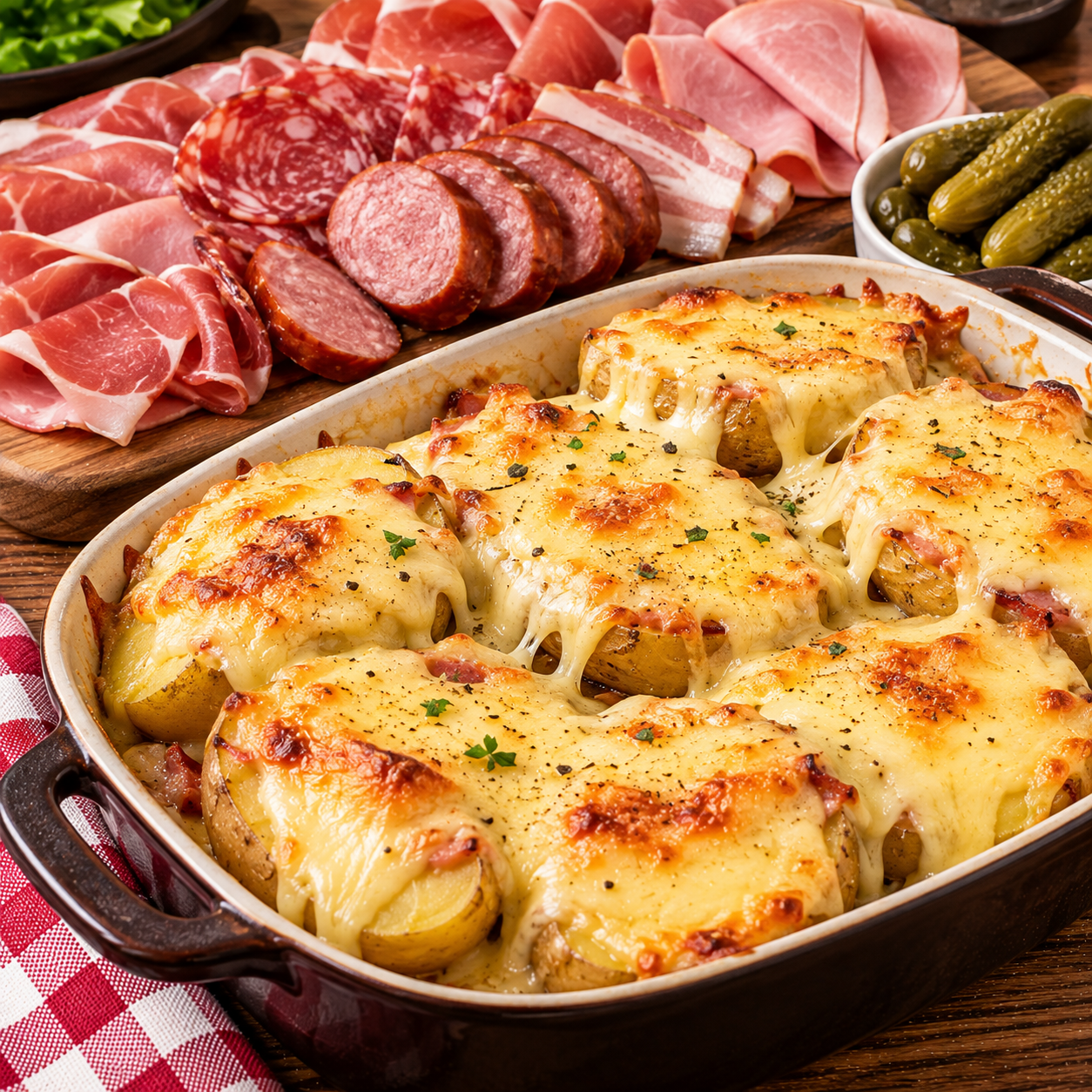 Raclette au four pommes de terre et charcuterie