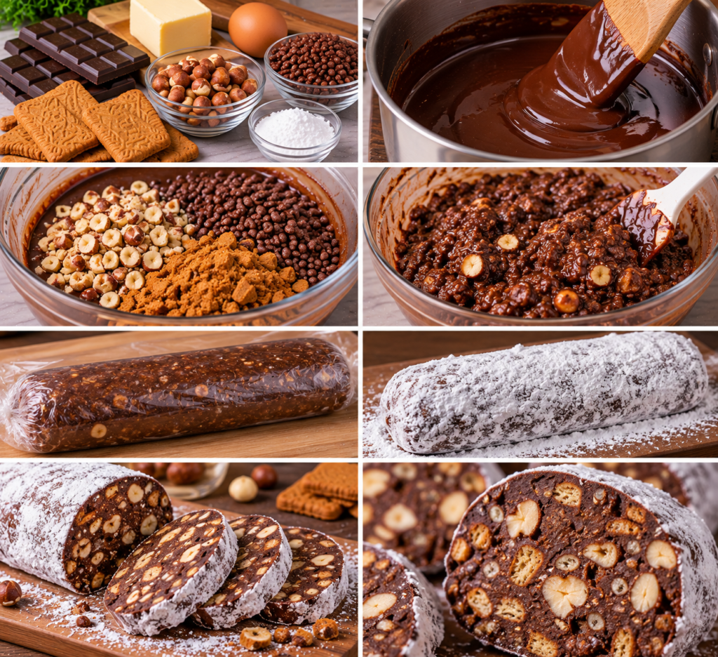 A cozy homemade kitchen scene featuring "saucisson au chocolat sans cuisson" elegantly displayed on a rustic wooden table. The dessert, resembling a chocolate sausage, is sliced to reveal its rich, creamy texture and studded with pieces of nuts and dried fruits, showcasing its delightful contrast. Soft, warm lighting envelops the scene, creating a welcoming and inviting atmosphere. In the background, shelves lined with jars of ingredients and charming kitchen tools hint at the cooking process. A few chocolate shavings and a cutting board with a knife add to the inviting, casual vibe. The camera is positioned at a slight angle for depth, emphasizing the delicious dessert as the focal point, making the viewer crave this easy, no-bake treat. Saucisson au chocolat sans cuisson