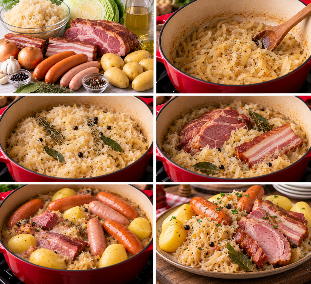 A rustic kitchen table is set with a generous serving of "Choucroute garnie aux trois viandes," beautifully arranged to showcase its vibrant and hearty components. In the foreground, the dish features a mound of sauerkraut topped with tender slices of pork, sausage, and ham, garnished with fresh parsley. A cast iron pot sits nearby, with remnants of rich broth, evoking warmth and comfort. The middle ground includes rustic utensils, a wooden cutting board, and fresh ingredients like garlic and thyme scattered playfully. Soft, warm lighting floods the scene, creating a cozy atmosphere, while the background reveals rustic cabinets and a window with soft natural light streaming in. The overall mood is inviting and homey, perfect for showcasing this Alsatian dish. Choucroute garnie aux trois viandes