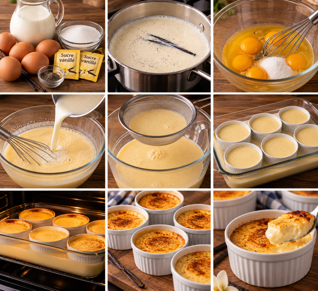 A cozy homemade cooking scene in a rustic kitchen, featuring "Cuisson des œufs au lait à la vanille." In the foreground, a beautifully arranged dish of creamy, set vanilla custard sits on a wooden table, garnished with delicate vanilla pods and a sprinkle of nutmeg. The middle ground reveals a pot simmering gently on the stove, with steam rising softly, conveying warmth. In the background, wooden shelves lined with jars of ingredients such as sugar, vanilla, and eggs create a homey atmosphere. The soft, warm lighting filters through a nearby window, casting a gentle glow over the scene. The overall mood is inviting and comforting, emphasizing the joy of traditional cooking. Œufs au lait à la vanille