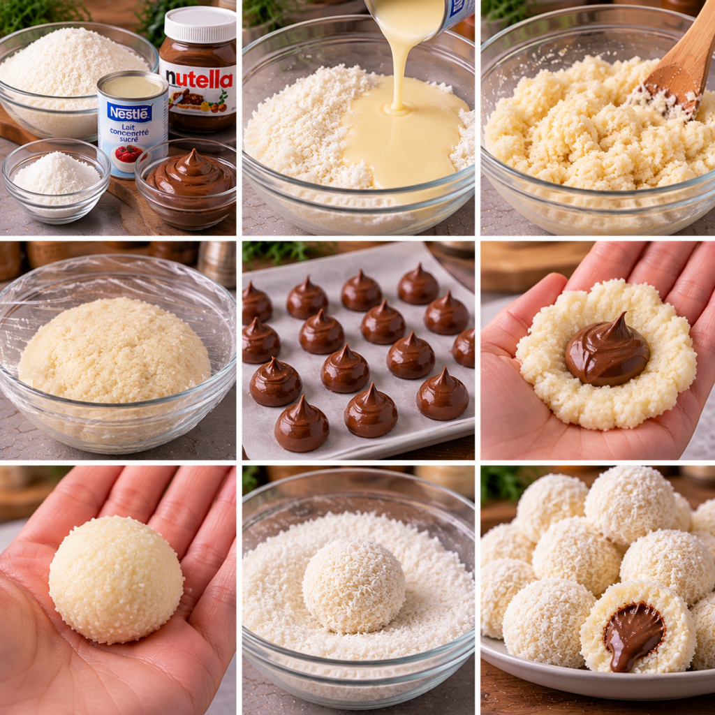 A cozy homemade cooking scene featuring delicate "boules coco fourrées" filled with Nutella, elegantly arranged on a rustic wooden kitchen table. In the foreground, several round coconut balls are dusted with shredded coconut, showcasing their creamy chocolate centers peeking through. Soft, natural lighting pours in from a nearby window, casting warm highlights and gentle shadows across the table. In the middle ground, a mixing bowl with coconut flakes and a spoon, hinting at the preparation process. The background includes vintage kitchen utensils and a few fresh coconuts for a rustic touch. The overall mood is warm and inviting, evoking a sense of comfort and indulgence in simple homemade goodness. The scene is well-composed, capturing the essence of a delightful, no-bake treat while emphasizing the texture and colors of the ingredients. Boules coco au cœur Nutella