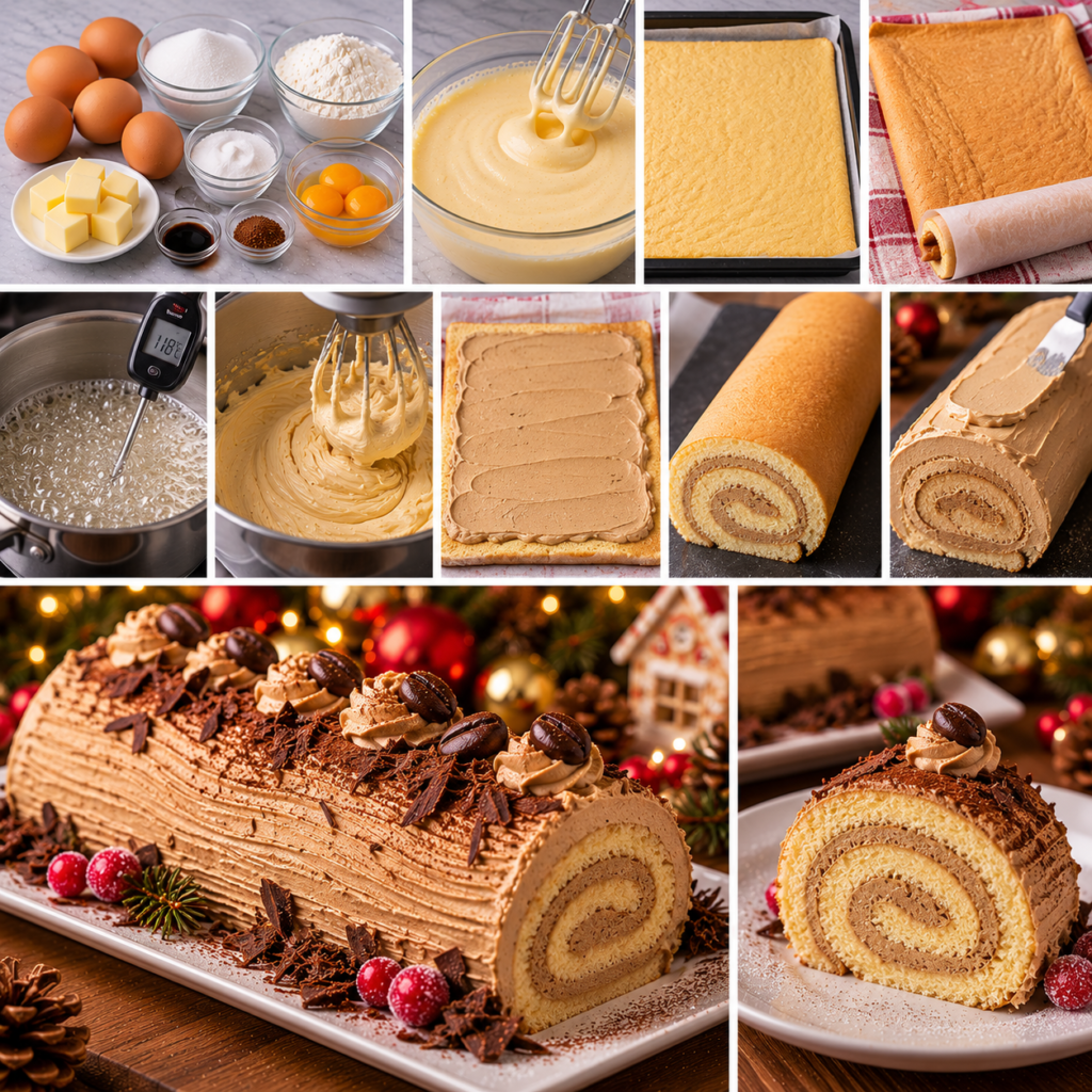 A cozy homemade cooking scene showcasing a soft, fluffy génoise cake rolled elegantly with rich coffee buttercream. The génoise is golden and slightly dusted with powdered sugar, resting on a rustic wooden table surrounded by coffee beans and a small glass jar of coffee syrup. In the background, a vintage kitchen setting with warm, natural lighting filtering through a window enhances the inviting atmosphere. A wooden spoon and a bowl of whipped buttercream sit nearby, adding to the essence of baking. The scene captures the warmth and comfort of traditional pastry-making, inviting viewers into the delightful world of creating a delicious coffee-flavored dessert. Bûche Pâtissière au Café