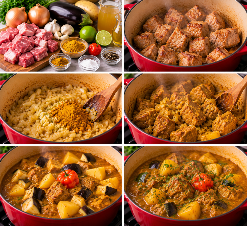 A cozy rustic kitchen scene showcasing a simmering pot of Creole pork colombo on a wooden table. The foreground features a richly colored, hearty stew filled with tender pieces of pork, vibrant eggplant, and golden potatoes, lightly bubbling as fragrant spices waft through the air. In the middle ground, an assortment of fresh ingredients—ground spices, herbs, and sliced vegetables—are artistically arranged, hinting at the preparation process. The background reveals a warm, inviting kitchen with wooden shelves lined with jars of spices, a warm light filtering in through a window, creating a comforting, homely atmosphere. The image should evoke a sense of warmth and delicious anticipation, emphasizing the art of slow cooking. No human subjects are present in the image. Colombo de porc créole