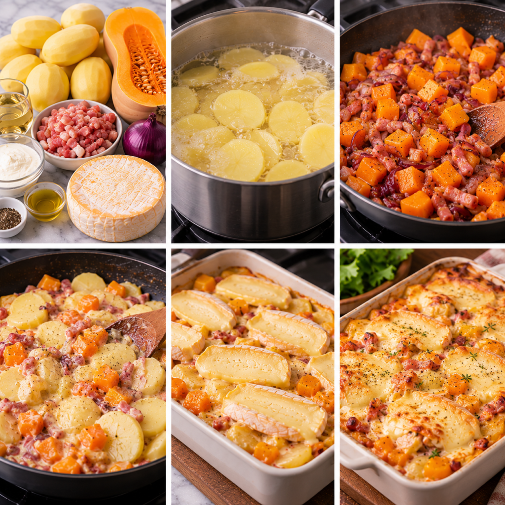 A cozy homemade cooking scene featuring a ceramic gratin dish, elegantly placed on a rustic wooden kitchen table. The dish is filled with a creamy tartiflette, showcasing layers of golden potatoes, butternut squash, and melted reblochon cheese, topped with crispy lardons. Surrounding the gratin, there are fresh ingredients like chopped onions and sprigs of thyme, along with a wooden spoon and a chopping board. The soft, warm lighting creates an inviting atmosphere, illuminating the vibrant colors of the ingredients. In the background, a blurred view of a kitchen with hanging herbs and vintage cookware adds to the homely charm of this culinary moment. The scene captures the essence of preparing ingredients for a comforting autumn dish. Tartiflette d’Automne aux Pommes de Terre et Butternut