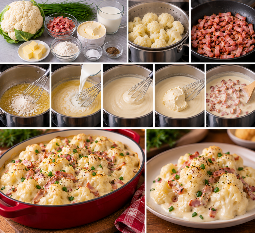 A rustic kitchen scene, showcasing a steaming pot of bright white cauliflower being cooked to perfection in a bamboo steamer. In the foreground, freshly cut cauliflower florets are arranged on a wooden cutting board, glistening with a light sheen of water. Nearby, strips of crispy bacon sizzle in a cast-iron skillet, emitting a tantalizing aroma. The middle ground features a warm, inviting kitchen atmosphere with natural wooden cabinetry and soft, diffused sunlight filtering through a window, illuminating the steam rising from the pot. In the background, rustic kitchen accessories like herbs in small pots and a cozy cloth napkin add to the homey vibe. The overall mood is one of comfort and culinary delight, highlighting the simple joys of cooking at home. chou-fleur béchamel camembert