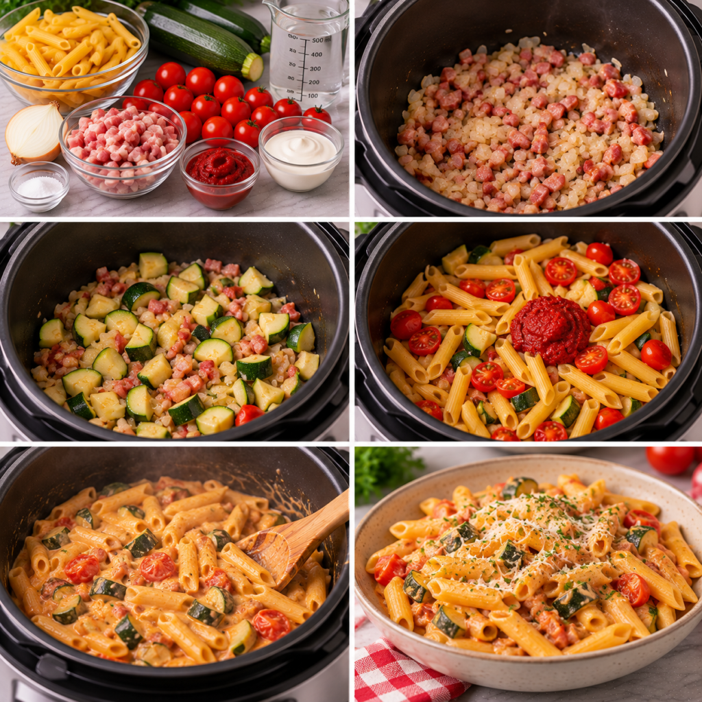 Penne courgettes lardons au Cookeo