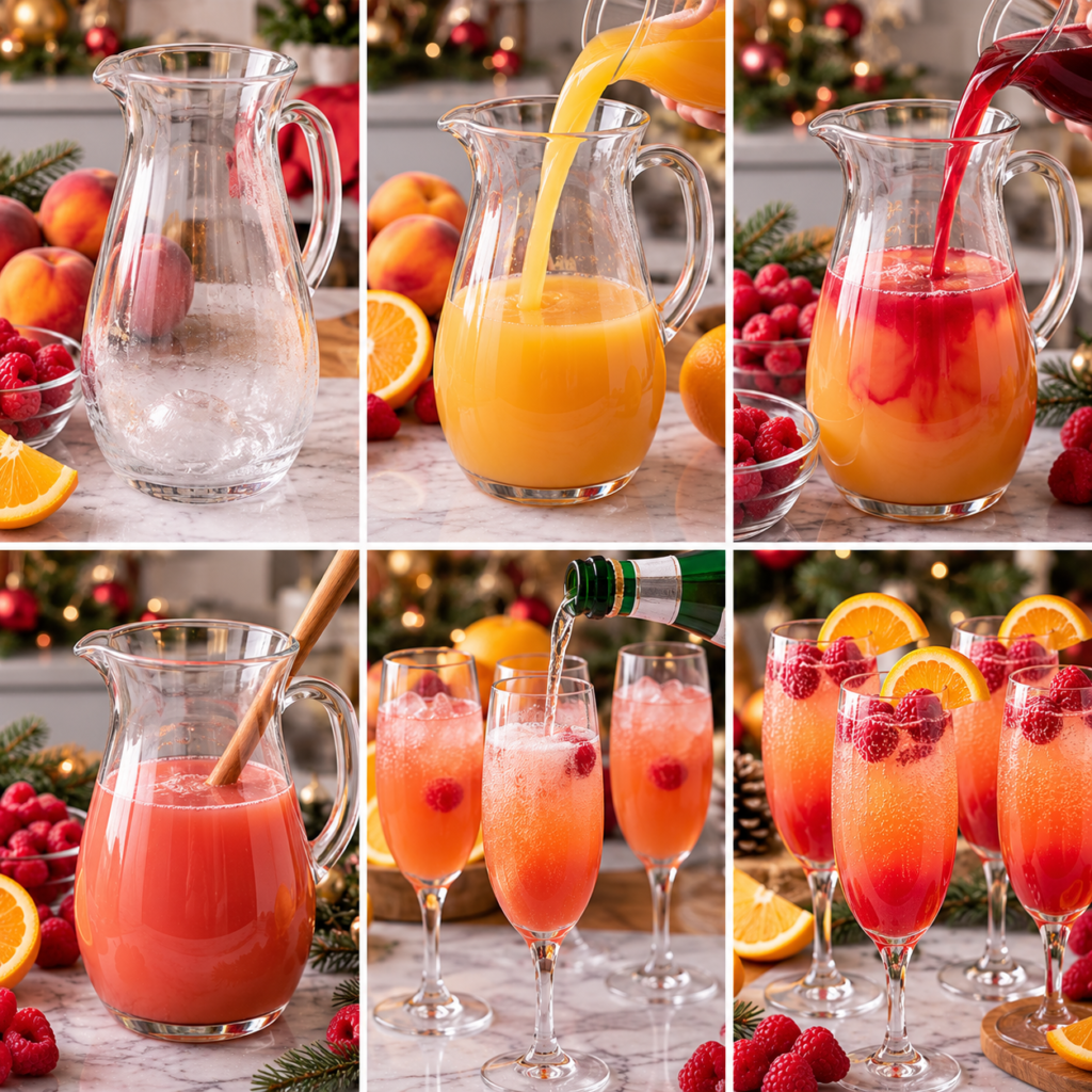 A cozy and inviting kitchen scene showcasing the preparation of a non-alcoholic Christmas Bellini cocktail. In the foreground, a beautifully arranged glass filled with sparkling juice and garnished with fresh peach slices and pomegranate seeds, exuding a festive aura. Surrounding the glass are vibrant ingredients: ripe peaches, a small bowl of pomegranate seeds, and a sparkling water bottle. In the middle ground, a rustic wooden kitchen table adorned with a checked tablecloth, measuring cups, and a mixing spoon, highlighting the step-by-step preparation process. The background features warm, soft lighting filtering through a window, creating a homey atmosphere with Christmas decorations subtly placed. Emphasize a joyful and cheerful mood, inviting viewers to envision making this delightful drink. Cocktail Bellini Spécial Noël Sans Alcool