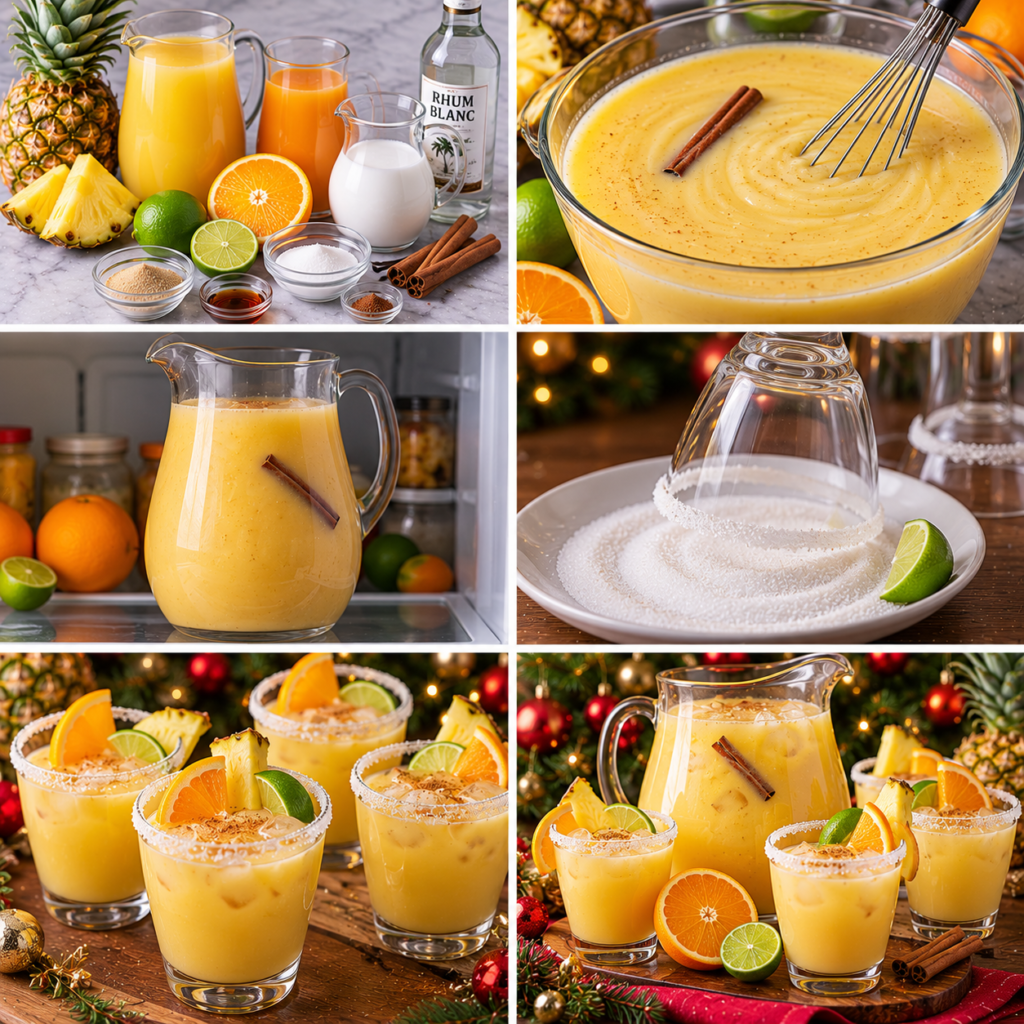 A cozy, rustic kitchen scene showcasing the preparation of a creamy Christmas punch. In the foreground, a large glass bowl filled with a vibrant mixture of pineapple chunks, coconut milk, orange slices, and hints of vanilla. Surrounding the bowl are festive ingredients like cinnamon sticks and nutmeg, adding warmth. In the middle, a wooden kitchen table adorned with colorful holiday decorations, including twinkling lights and green pine branches. In the background, a softly lit kitchen with warm wooden cabinets, homey pots and pans hanging, and a window revealing a gentle snowfall outside, creating a festive atmosphere. The lighting is soft and inviting, capturing the essence of a homemade holiday tradition. Punch de Noël Exotique Maison