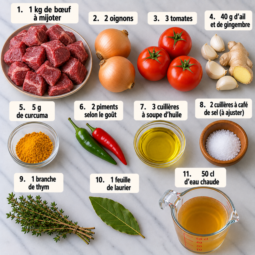A cozy kitchen scene featuring the vibrant ingredients for "Cari bœuf," beautifully arranged on a rustic wooden table. In the foreground, display a bowl of diced beef, fresh turmeric root, and a handful of aromatic spices like ginger and chili pepper. Surround them with ripe, red tomatoes and chopped onions, vibrant green herbs, and a small wooden spoon for a touch of authenticity. The middle ground features a gently simmering pot with a rich, golden curry, exuding warmth and inviting scents. In the background, soft natural light filters through a window, casting a warm glow on kitchen utensils and colorful details, evoking a homey, inviting atmosphere perfect for cooking. Aim for a warm, welcoming composition that highlights the ingredients and the process of preparing a delicious meal. Cari bœuf réunionnais