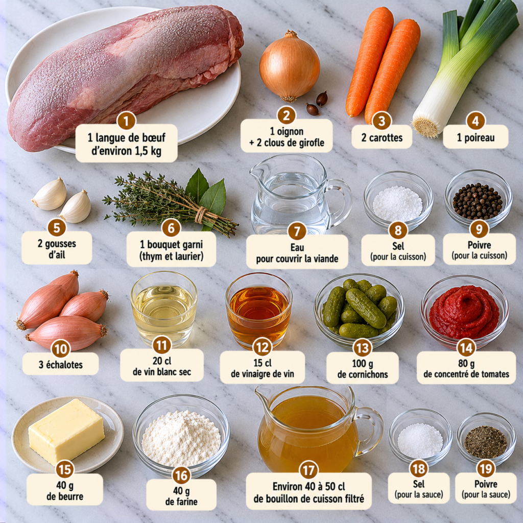 Langue de bœuf sauce piquante aux cornichons