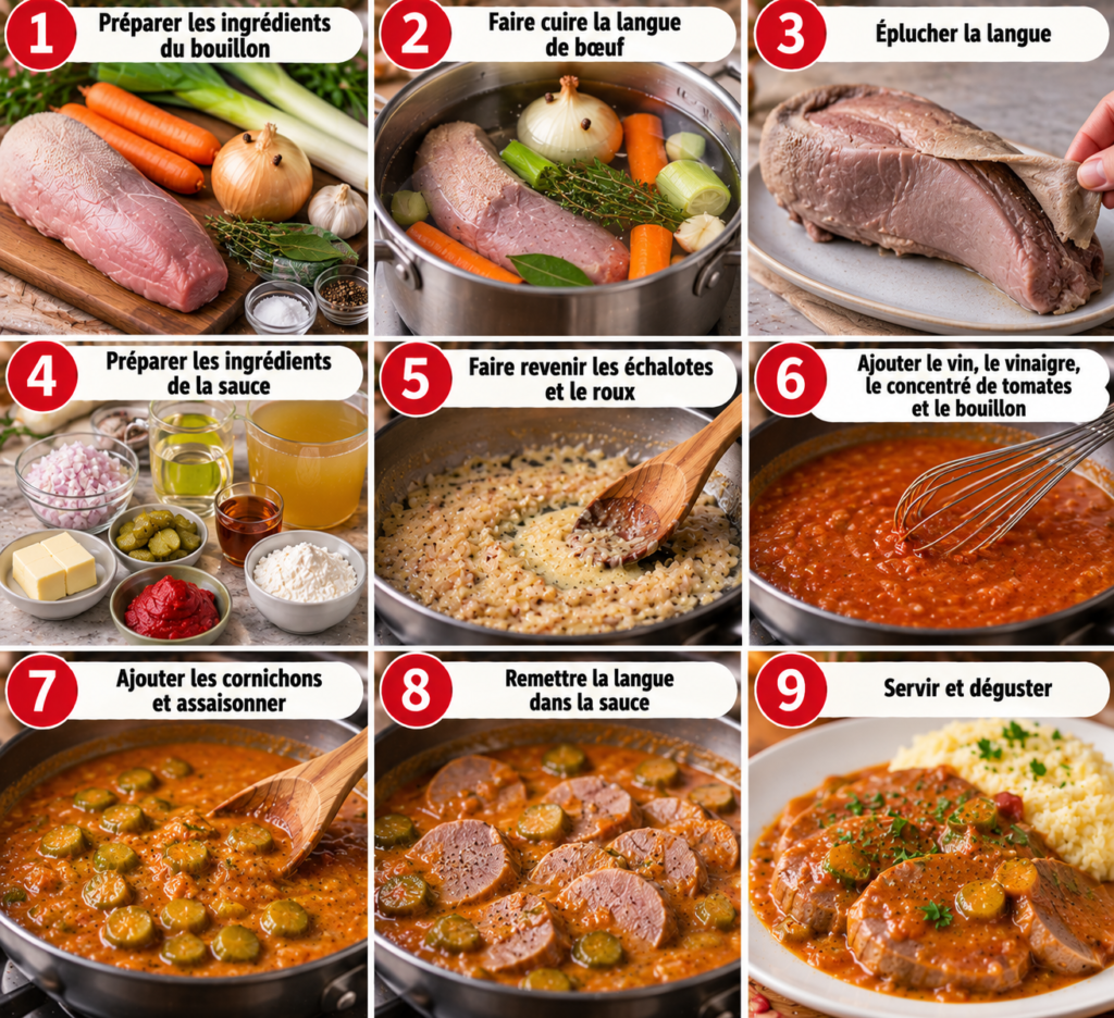 Langue de bœuf sauce piquante aux cornichons