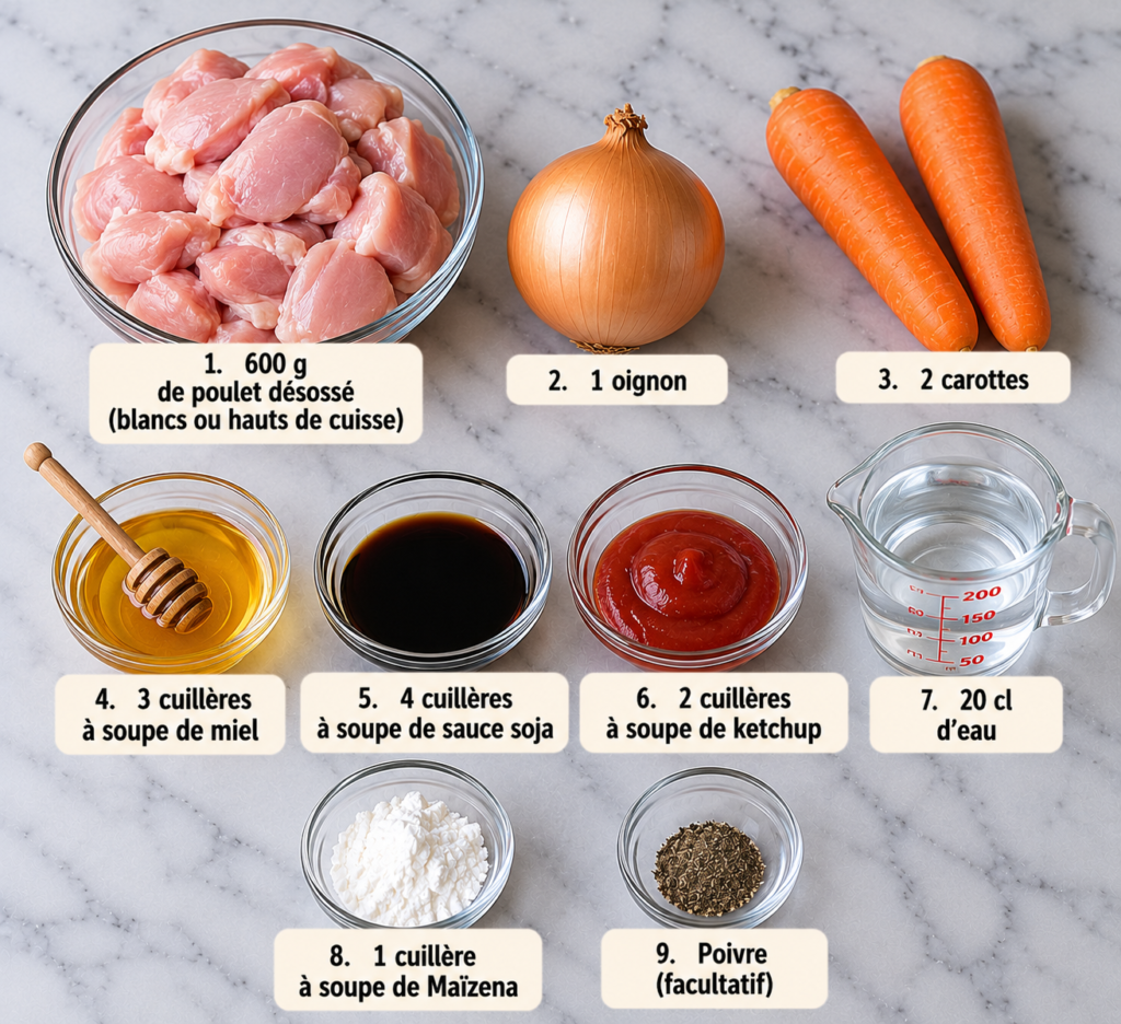 A cozy, rustic kitchen scene showcasing the key ingredients for a sweet and savory chicken dish. In the foreground, a wooden cutting board displays raw chicken pieces marinated in a glossy honey-soy sauce, glistening under warm, soft lighting. Surrounding the board, vibrant orange carrots are neatly chopped, adding a pop of color. In the middle, a small bowl filled with soy sauce and honey sits invitingly, reflecting the light. Fresh herbs, such as cilantro, slightly wilted from the heat, are delicately arranged nearby. The background features a vintage kitchen setting with warm-toned cabinets, various cooking utensils hanging, and subtle wooden textures, creating an inviting atmosphere that highlights culinary simplicity and comfort. The focus is on the ingredients, arranged harmoniously, with a shallow depth of field for a soft, dreamy effect. Poulet sucré-salé au Cookeo