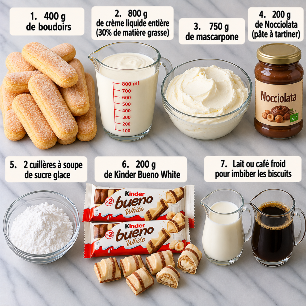 A cozy homemade cooking scene featuring ingredients for Tiramisu Kinder Bueno White on a rustic kitchen table. In the foreground, display a bowl of mascarpone cheese, a jar of Kinder Bueno spread, and a pack of ladyfinger biscuits. Include eggs and sugar in small bowls, with a whisk and measuring cup nearby. In the middle, depict a wooden cutting board with chocolate shavings and a few fresh mint leaves for garnish. The background hints at a softly lit, inviting kitchen with warm wooden cabinets and hanging pots. The atmosphere conveys comfort and creativity, with gentle, diffused lighting that highlights the textures of the ingredients. Capture the scene from a slightly elevated angle to emphasize the arrangement and details. Tiramisu Kinder Bueno White
