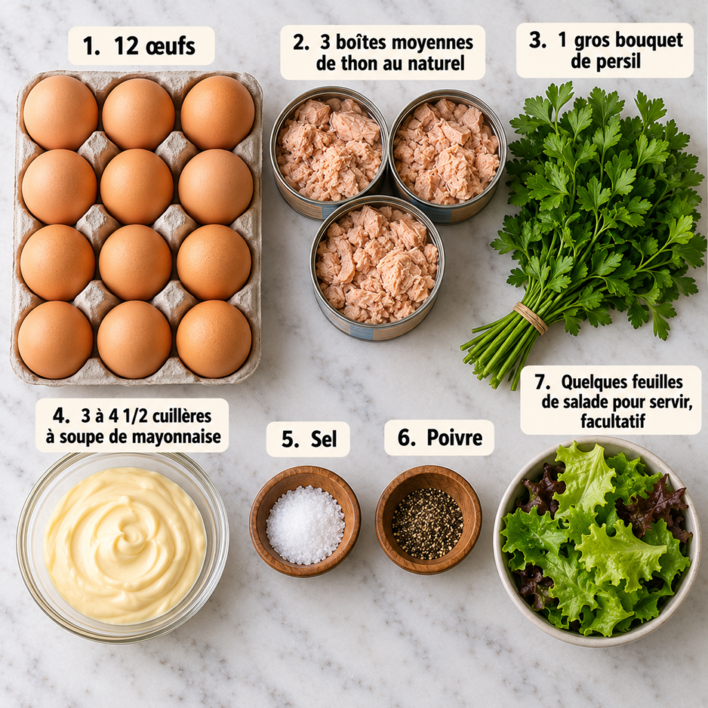 A cozy kitchen scene featuring a gleaming stainless steel casserole dish filled with creamy tuna mimosa eggs, elegantly arranged on a rustic wooden table. In the foreground, fresh ingredients are displayed: bright yellow egg yolks, canned tuna, mayonnaise, and chopped parsley, beautifully laid out in glass bowls. Soft, natural lighting filters through a nearby window, casting gentle shadows and creating a warm, inviting atmosphere. The middle of the scene includes a kitchen knife and a wooden cutting board, hinting at the preparation process. In the background, an array of cooking utensils and rustic kitchen decor complement the homely cooking environment, adding depth and character to the image. The overall mood is fresh, simple, and nostalgic, perfect for a family recipe. Œufs Mimosa au Thon