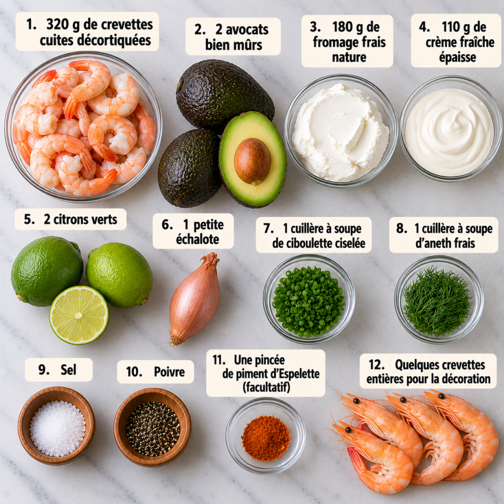 A cozy homemade cooking scene featuring a vibrant display of ingredients for a shrimp, avocado, and lime log. In the foreground, fresh shrimp are beautifully arranged alongside ripe avocados, bright green limes, and a sprinkle of herbs like coriander. The middle showcases a rustic wooden cutting board with a knife and a mixing bowl filled with creamy avocado puree. The background reveals a warm, inviting kitchen with soft, natural lighting filtering through a window, casting gentle shadows. The atmosphere is festive yet relaxed, emphasizing a fresh and healthy approach to cooking. The scene is devoid of any text or distractions, focusing solely on the colorful array of ingredients ready for preparation. Bûche de Crevettes à l’Avocat et Citron Vert