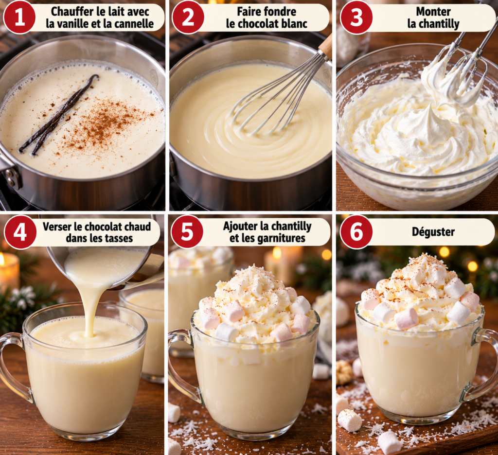 A cozy homemade cooking scene featuring a creamy white hot chocolate prepared with vanilla and cinnamon infusion. In the foreground, a steaming white mug of hot chocolate garnished with a swirl of whipped cream atop a rustic wooden table. Lavishly decorated with cinnamon sticks and vanilla pods artistically arranged beside it. In the middle ground, there is a small saucepan simmering gently on a vintage stove, surrounded by ingredients like milk, cocoa powder, and spices. The background features soft, warm lighting filtering through a window, casting a gentle glow on the kitchen's rustic decor, with earthy tones that enhance the inviting atmosphere. The scene evokes a sense of comfort and warmth, perfect for winter indulgence. Chocolat Chaud Blanc Façon Boule de Neige
