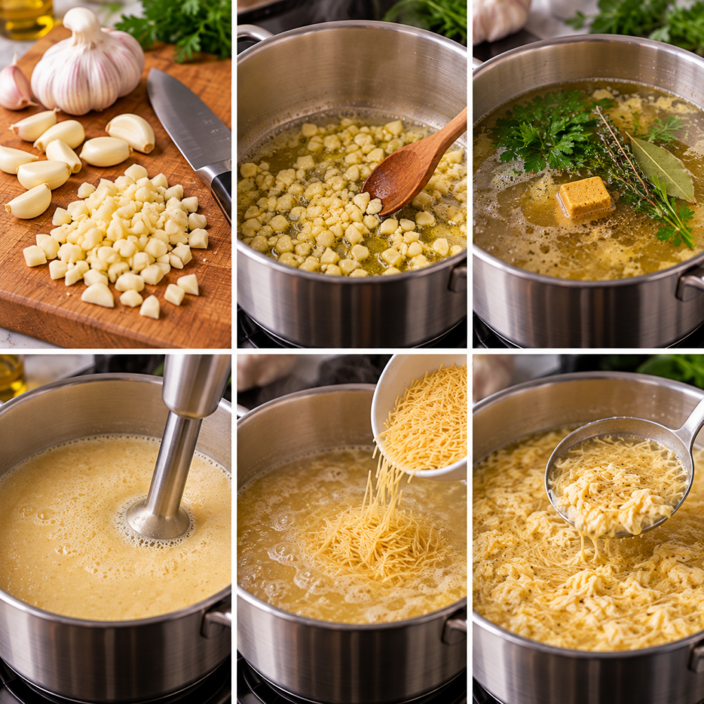 A large, gleaming stainless steel casserole pot, elegantly placed at the center of a rustic wooden kitchen table. The pot is filled with a warm, inviting garlic and egg vermicelli soup, with steam delicately swirling up from its surface. Surrounding the casserole, there are scattered fresh herbs like parsley and chives, alongside some vibrant, colorful vegetables. The background features a cozy kitchen ambiance with warm, soft natural lighting streaming through a nearby window, casting gentle shadows. A few cooking utensils, like a wooden spoon and a cutting board, highlight the home-cooked aspect of the scene. The overall atmosphere is comforting and inviting, suggesting a sense of warmth and comfort in traditional cooking. Soupe de vermicelles à l’ail et aux œufs