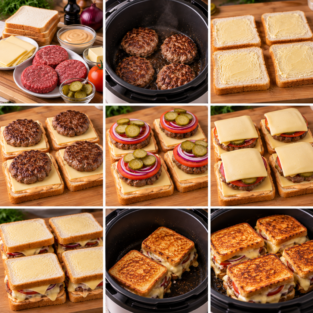 A cozy rustic kitchen scene featuring the assemblage of "croques façon burger à la raclette". In the foreground, a wooden table displays several layers of the croque sandwiches, with melted raclette cheese oozing out from between crispy golden-brown bread slices. Fresh ingredients like sliced tomatoes, leafy greens, and smoky ham are artistically arranged around the croques. In the middle ground, a warm, inviting atmosphere is created by soft golden lighting, casting gentle shadows. A blurred background includes shelves with jars of spices and fresh herbs, enhancing the homely feel. The angle is slightly elevated, allowing a clear view of the delicious details. The overall mood is warm, inviting, and deliciously indulgent, perfect for showcasing this gourmet recipe. Croques façon burger à la raclette au Cookeo