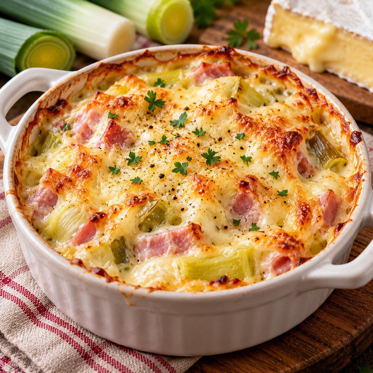 Cassolette de poireaux au camembert et jambon