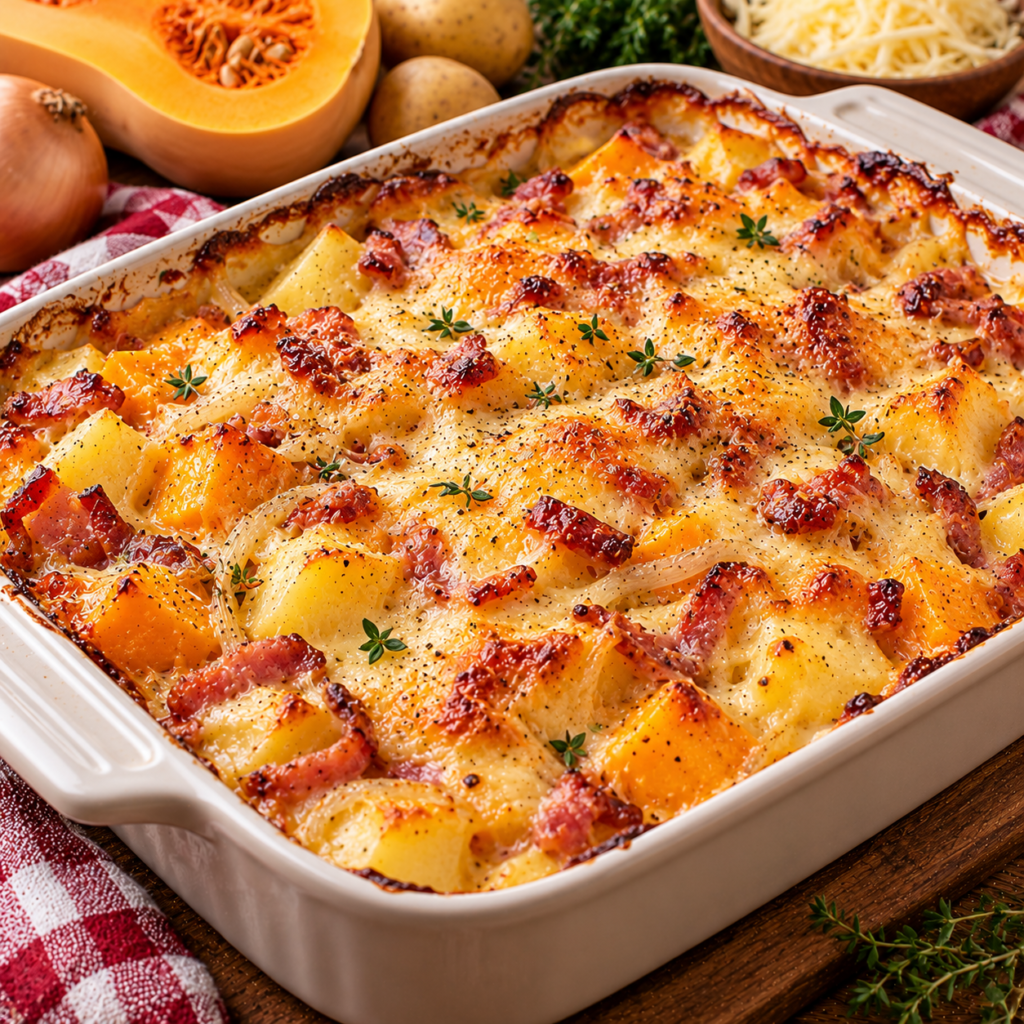 Gratin pommes de terre butternut et lardons