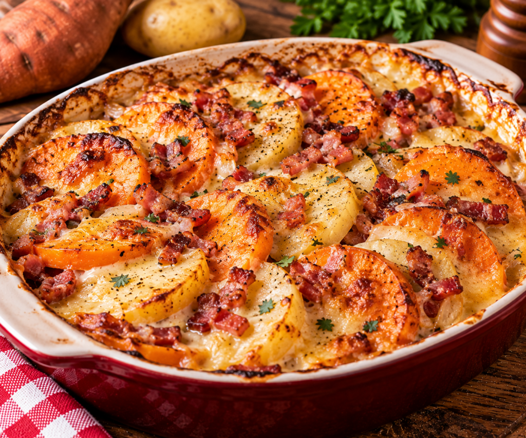 Gratin patate douce pomme de terre et lardons