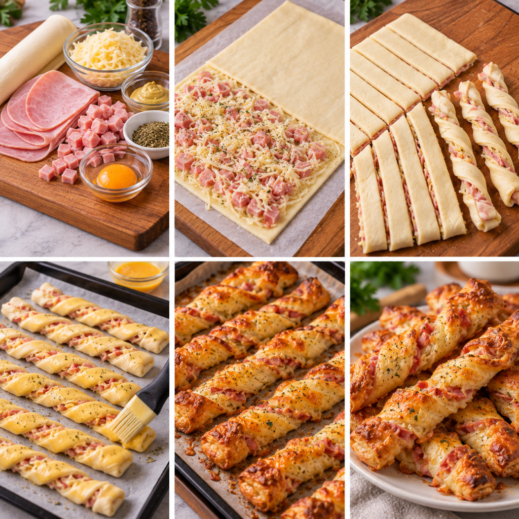 A warm and inviting rustic kitchen scene showcasing the preparation of twisted puff pastry snacks filled with ham and cheese. In the foreground, a pair of hands expertly shaping and twisting golden-brown pastries on a wooden kitchen table, dusted lightly with flour. The pastries have a flaky texture and are arranged on a simple baking sheet, with some individual pieces sitting on a charming linen cloth. In the background, soft, ambient lighting flows through a window, illuminating jars of herbs and spices on a shelf, alongside a wooden cutting board with scattered ingredients like cheese, ham, and puff pastry sheets. The atmosphere is cozy and homely, suggesting a delightful cooking experience. Feuilletés torsadés jambon fromage