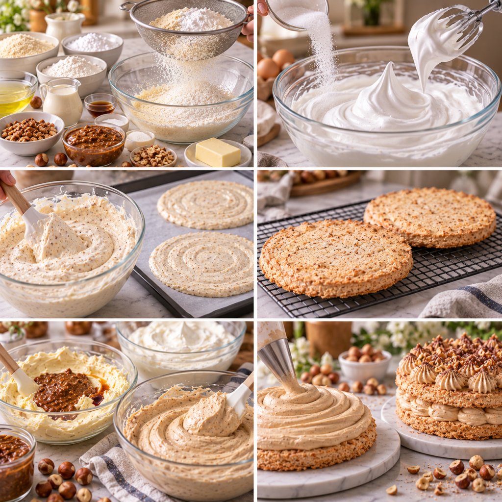 A cozy homemade cooking scene featuring the preparation of dacquoise on a rustic wooden kitchen table. In the foreground, a smooth, creamy bowl of praliné cream sits next to perfectly baked almond and hazelnut dacquoise layers, gently stacked and waiting to be assembled. Freshly chopped nuts and confectioner's sugar are scattered around, adding texture to the scene. The middle ground includes a wooden spatula and mixing bowl, hinting at the baking process with ingredients like almond flour and egg whites. In the background, warm, golden light filters through a window, casting soft shadows and creating an inviting atmosphere. The entire image conveys a sense of warmth, comfort, and the joy of homemade culinary crafting. Dacquoise à la crème pralinée