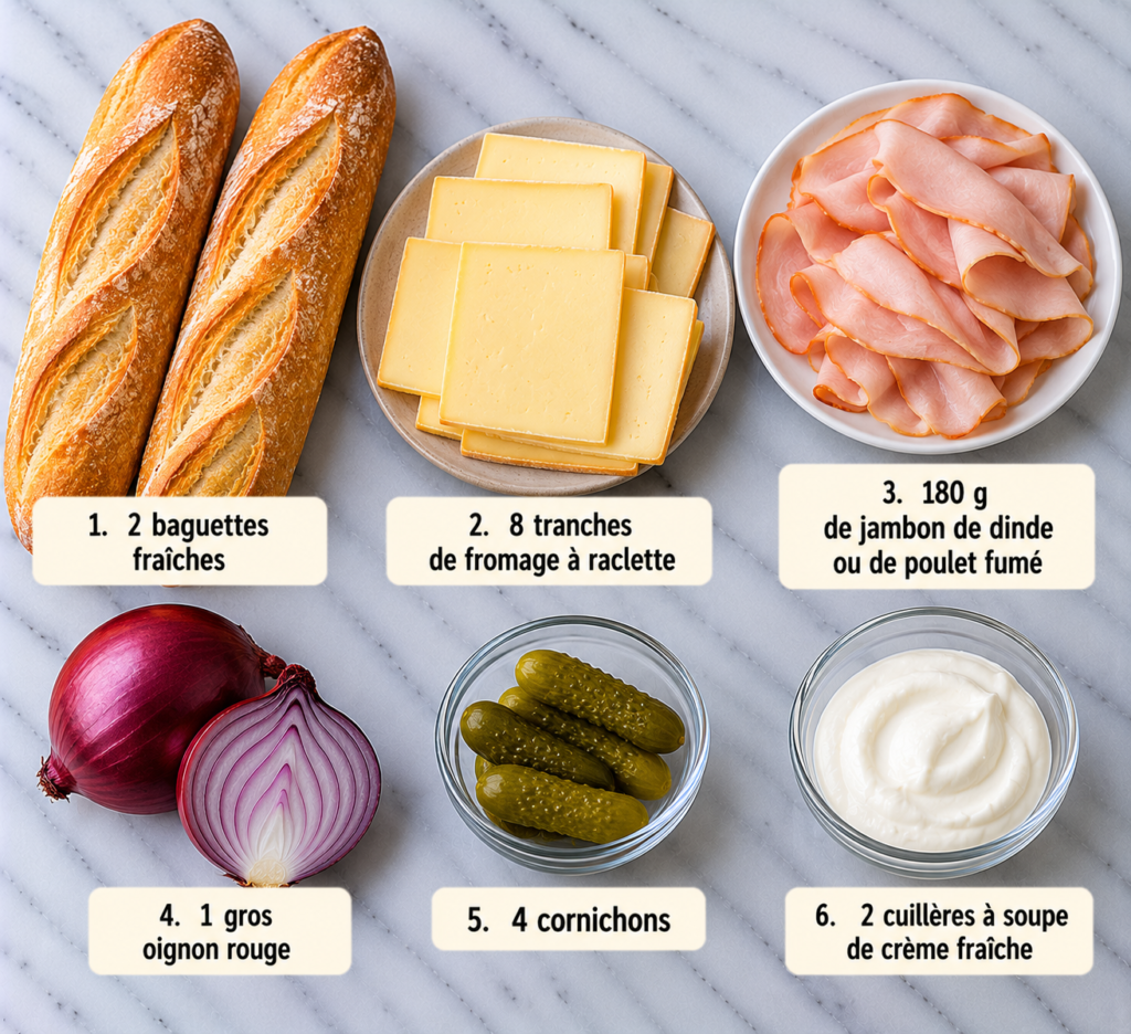 A cozy homemade cooking scene featuring ingredients for "Baguettes Raclette Gratinees" arranged on a rustic kitchen table. In the foreground, display fresh baguettes, slices of creamy raclette cheese, tender chicken ham, and vibrant red onions. Include a wooden cutting board with a sharp knife and a small bowl of herbs for garnish. In the middle, showcase a bubbling tray of gratin with melted cheese, surrounded by a few cooking utensils like a spatula and a cheese grater. The background features warm wooden shelves adorned with jars of spices and hanging herbs, all softly lit by natural light streaming through a window, creating a warm and inviting atmosphere perfect for cooking. Baguettes Raclette Gratinées