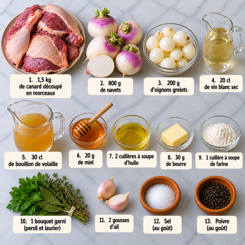 A cozy homemade cooking scene focuses on the preparation of ingredients for "duck with caramelized turnips." In the foreground, showcase vibrant fresh turnips, a whole duck, honey jar, and a bottle of white wine artfully arranged on a rustic wooden kitchen table. A knife and a cutting board can be seen, suggesting food preparation. In the middle ground, a warm cast-iron pot and wooden utensils hint at the cooking process. The background features softly blurred shelves filled with herbs and spices, creating an inviting atmosphere. The lighting is warm and natural, from a window, enhancing the rustic charm of the kitchen. Capture the essence of family cooking with an atmosphere filled with love and tradition. Canard aux navets caramélisés