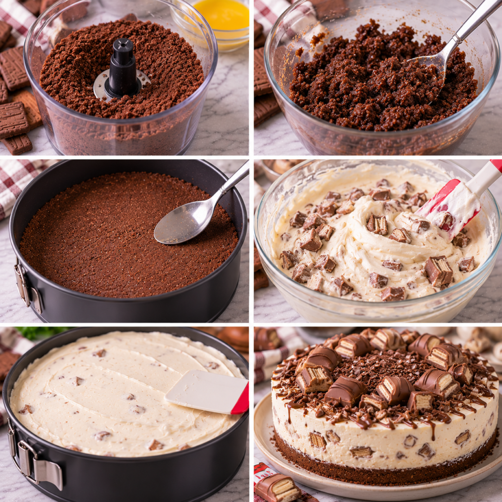 A cozy homemade cooking scene showcasing a beautifully layered "cheesecake crémeux" flavored with Kinder Bueno. In the foreground, a rich, creamy cheesecake sits elegantly on a rustic wooden table, featuring a glossy chocolate ganache topping and crumbled hazelnut pieces sprinkled on top. The middle layer reveals a soft, velvety texture with hints of caramel and chocolate swirls. Surrounding the cake are delicate dessert plates, forks, and a small jar of whipped cream. In the background, warm, soft lighting creates an inviting atmosphere, with vintage kitchen utensils and a potted herb on a windowsill, hinting at the comfort of homemade baking. The angle is slightly above, focusing on the dessert's layers and the rustic charm of the setting. Cheesecake Kinder Bueno sans cuisson