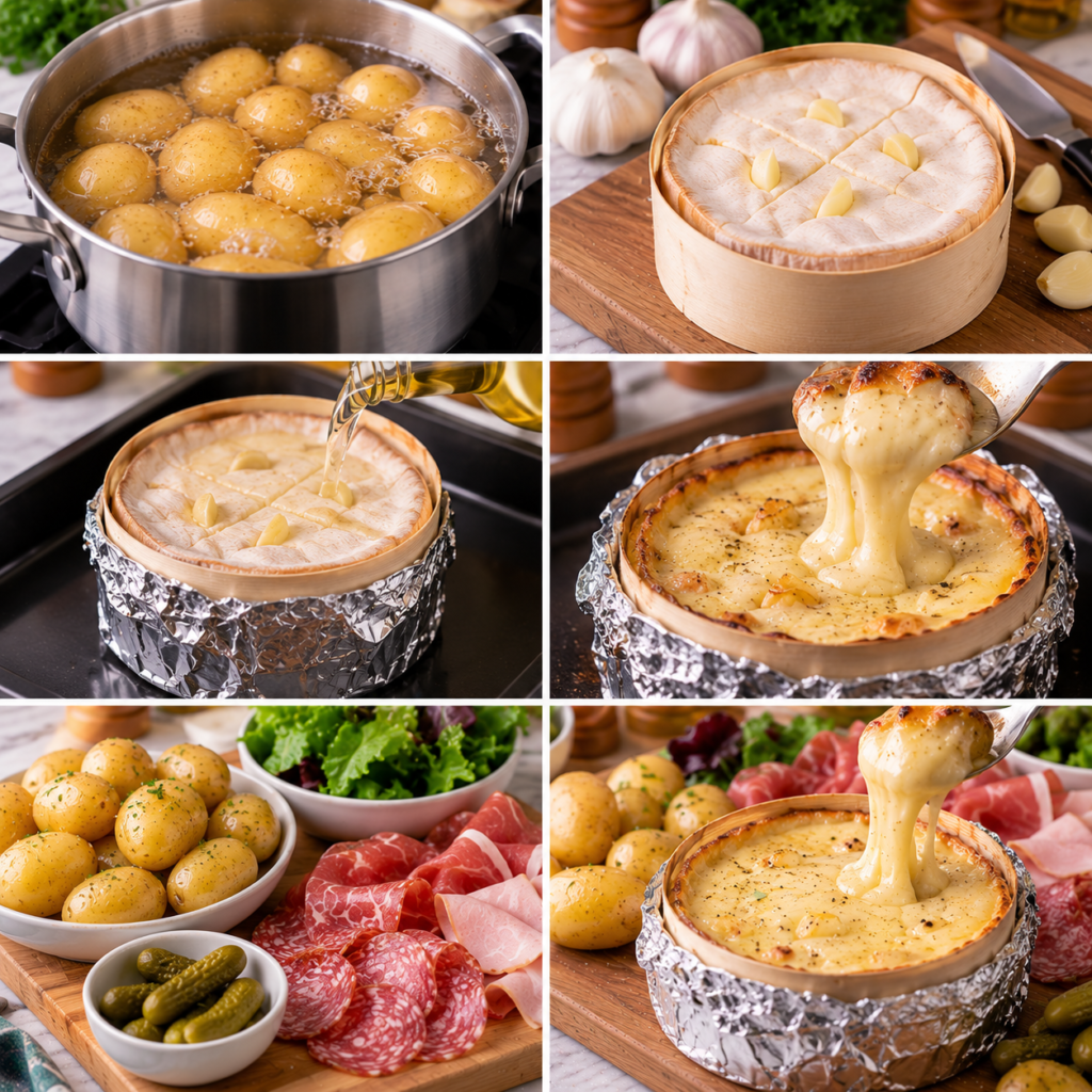 A cozy homemade cooking scene featuring a bubbling Mont d’Or cheese wheel, elegantly nestled in a rustic ceramic dish, set on a beautifully weathered wooden kitchen table. Surrounding the cheese are fresh pieces of crusty baguette, sprigs of thyme, and a small bowl of artisanal olive oil, accentuating the dish’s rustic charm. The foreground showcases the melted, golden cheese, with steam gently wafting upwards, inviting warmth. In the middle ground, there are hints of cooking utensils and vibrant seasonal vegetables scattered about, adding a touch of color and homeliness. The background features soft, natural lighting filtering through a nearby window, casting a warm glow over the scene, giving it an inviting and convivial atmosphere. The image captures the essence of sharing a delightful meal with loved ones. Mont d’Or Chaud au Four