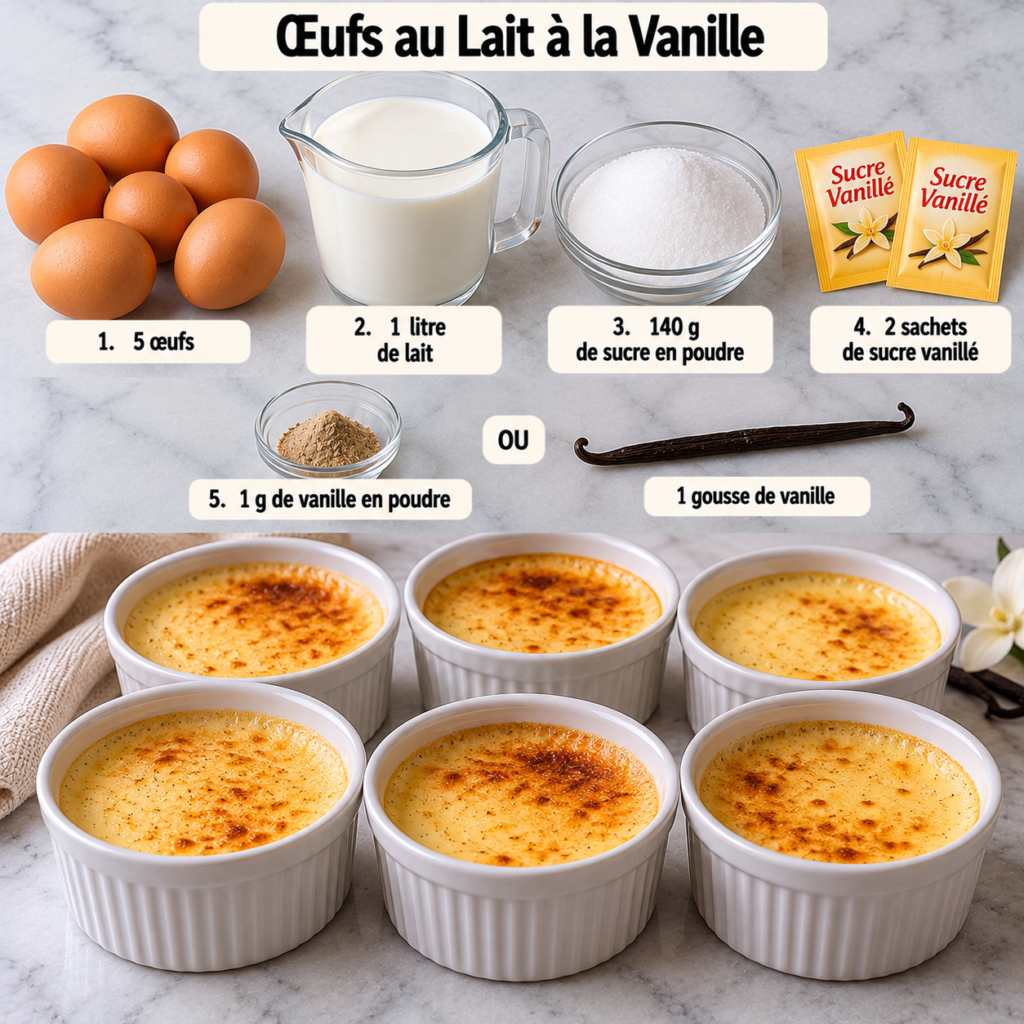 A cozy homemade cooking scene showcasing "Œufs au lait à la vanille" served in delicate porcelain bowls on a rustic wooden kitchen table. The bowls are filled with creamy, smooth vanilla custard, topped with a light dusting of nutmeg for a warm touch. Surrounding the bowls, there are fresh vanilla pods, a small glass of milk, and a whisk, evoking a sense of homemade comfort. The soft, warm lighting filters in through a nearby window, casting gentle shadows that enhance the creamy texture of the custard. In the background, a vintage cookbook is propped open, displaying the recipe, and kitchen utensils are neatly arranged on a nearby countertop, adding to the inviting atmosphere of the kitchen. Œufs au lait à la vanille