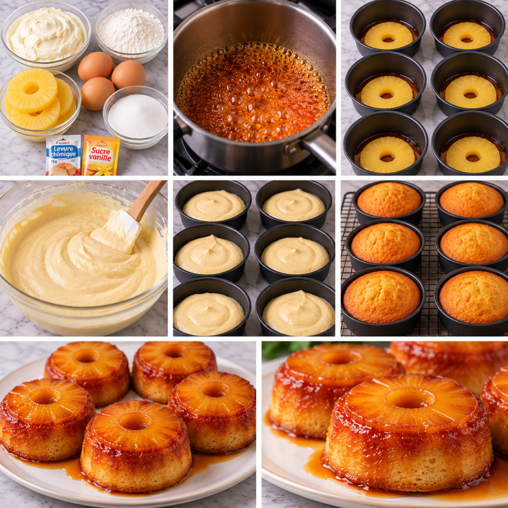 A cozy homemade cooking scene featuring individual golden-brown upside-down cakes with caramelized pineapple and mascarpone cream, elegantly placed on a rustic wooden kitchen table. The cakes are garnished with fresh mint leaves and are surrounded by a soft linen napkin. In the background, warm natural light filters through a window, casting a gentle glow on the rustic kitchen elements, like a vintage whisk and a bowl of fresh ingredients. The atmosphere is inviting and warm, evoking a sense of home and delicious comfort. The angle captures a close-up view of the cakes, highlighting their moist texture and glossy caramel topping, while the overall image exudes a serene and appetizing mood, perfect for showcasing the delightful recipe. Petits Moelleux Renversés à l’Ananas et Mascarpone