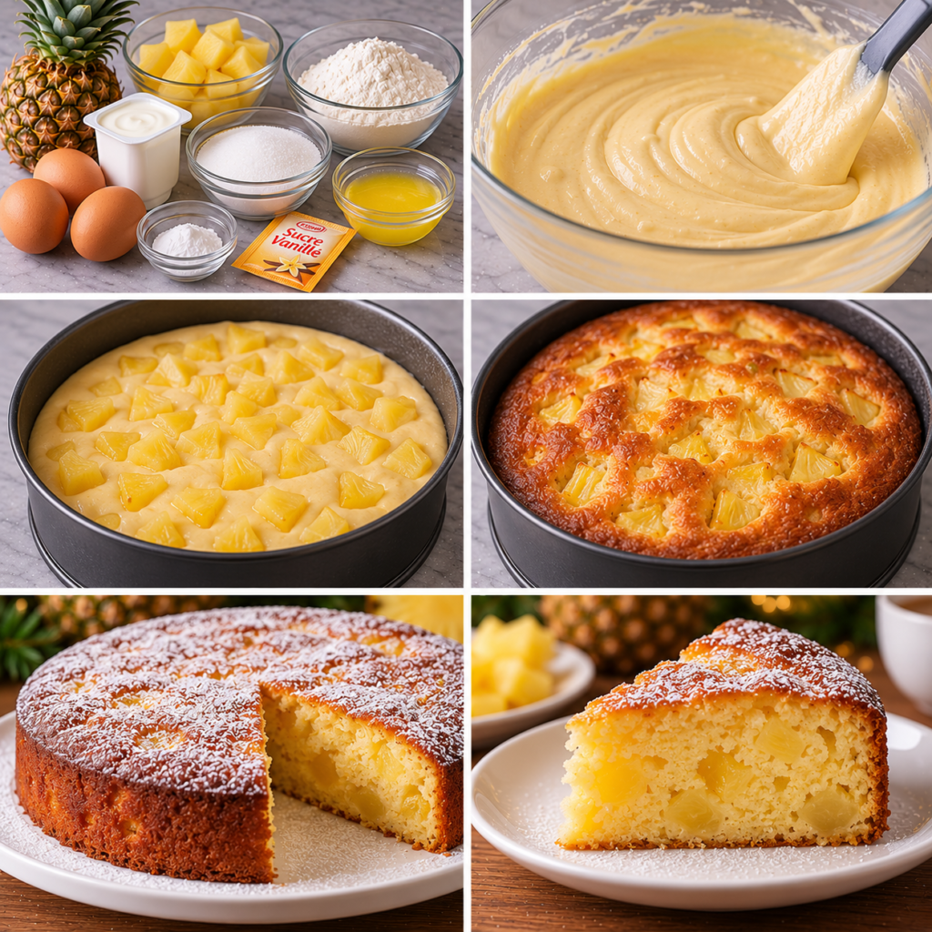 A cozy homemade cooking scene featuring a vibrant, fresh pineapple and a bowl of creamy yellow cake batter being prepared on a rustic wooden kitchen table. The foreground displays a mixing bowl filled with the smooth, glossy pâte à gâteau, with chunks of pineapple peeking through, surrounded by measuring cups and utensils. The middle ground showcases a bright, sunlit kitchen, with warm wooden cabinets and hanging herbs, creating an inviting atmosphere. In the background, soft focus of kitchen tools and a window allowing natural light to stream in, hinting at a serene and pleasant cooking experience. The overall mood is homey and relaxed, evoking the joy of baking. Gâteau au Yaourt et à l’Ananas