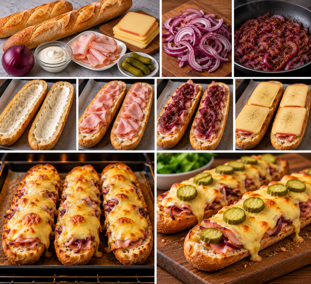 A cozy homemade cooking scene featuring crispy baguettes garnished with smoked chicken ham and melted raclette cheese. In the foreground, a rustic wooden kitchen table is laden with a freshly baked baguette, its golden crust glistening, and gooey cheese stretching as it’s pulled apart. Slices of purple onions and herbs are artfully arranged around the baguette, adding a pop of color. The middle ground showcases a few utensils and a cutting board with ingredients prepped for gratin preparation. Soft, warm lighting filters through a nearby window, enhancing the inviting atmosphere. The background reveals a charming kitchen with wooden cabinetry and potted herbs, evoking a sense of home and delicious cooking. The overall mood is warm, inviting, and perfect for indulging in comforting culinary delights. Baguettes Raclette Gratinées