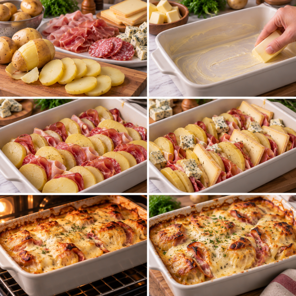 A cozy homemade cooking scene featuring a preparation of tian de raclette on a rustic wooden kitchen table. In the foreground, a vibrant array of sliced potatoes layered with melted cheese and assorted cured meats, beautifully arranged in a ceramic baking dish. Fresh herbs scattered around, adding a touch of green. In the middle, a wooden spatula rests beside the dish, with a flickering candle softly illuminating the scene. The background showcases rustic kitchen elements—wooden shelves filled with spices and a charming vintage oven. Warm, soft lighting creates an inviting atmosphere, evoking a sense of comfort and home. The image should be captured from a slightly elevated angle, emphasizing the delicious layers of the dish while maintaining a focus on the cooking process. Tian de raclette fondant