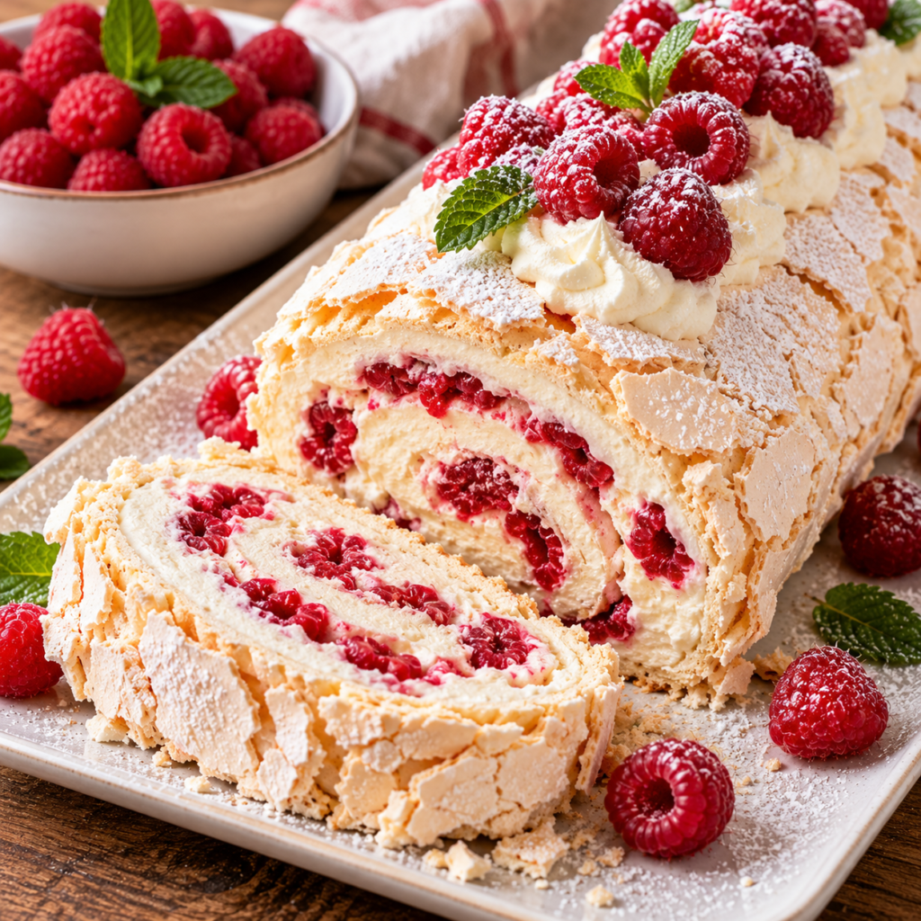 Pavlova Roulée aux Framboises