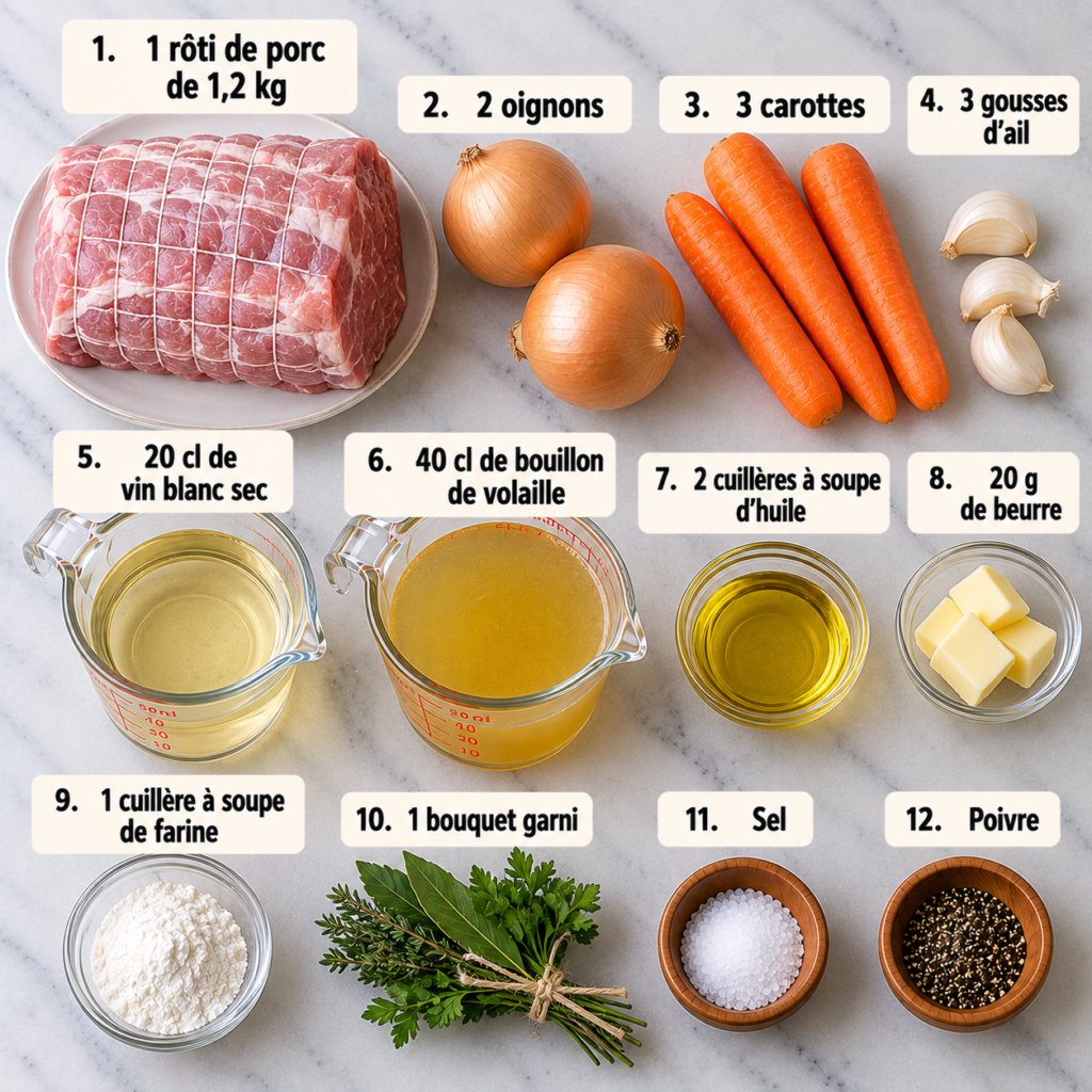 A cozy rustic kitchen scene, showcasing the preparation of ingredients for a succulent pork roast in a Dutch oven. In the foreground, an assortment of fresh vegetables—carrots, onions, and garlic—are artfully arranged on a wooden cutting board, with a knife resting beside them. The middle layer features a marbled pork loin, glistening with olive oil, alongside sprigs of rosemary and thyme. In the background, a warm, inviting kitchen bathed in golden afternoon light spills through a window, casting soft shadows. The atmosphere is homely and inviting, evoking the comfort of family meals. Use a shallow depth of field to emphasize the ingredients while blurring the background subtly, capturing the essence of slow cooking and home-cooked warmth. Rôti de porc en cocotte