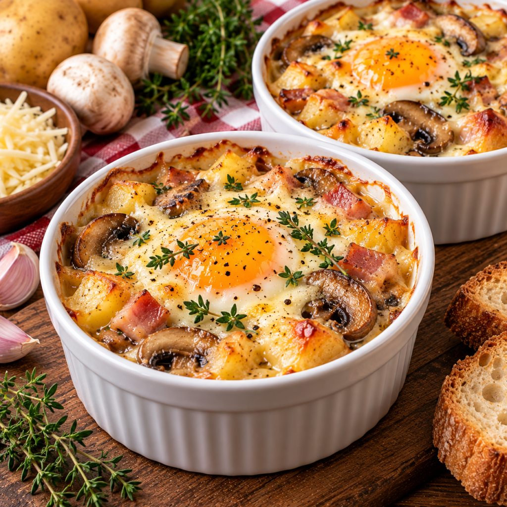Œufs cocotte campagnards aux pommes de terre et champignons