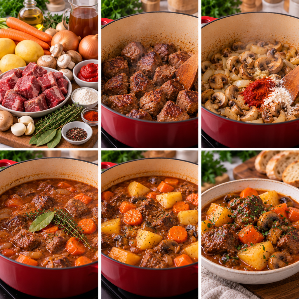 A cozy, rustic kitchen table is set with a hearty bowl of tender "viande de bœuf fondante" surrounded by colorful vegetables like carrots, potatoes, and peas. The beef is glistening, stewed to perfection with rich gravy, showcasing a melt-in-your-mouth texture. Soft, warm lighting illuminates the scene, creating a welcoming atmosphere. In the background, there are hints of kitchen utensils and herbs, giving a sense of homey cooking. The angle is slightly overhead to capture the rich colors and details of the dish. The overall mood is inviting and comforting, perfect for a traditional cooking scene. There are no people present, allowing the focus to remain solely on the enticing dish. Ragoût de bœuf aux légumes