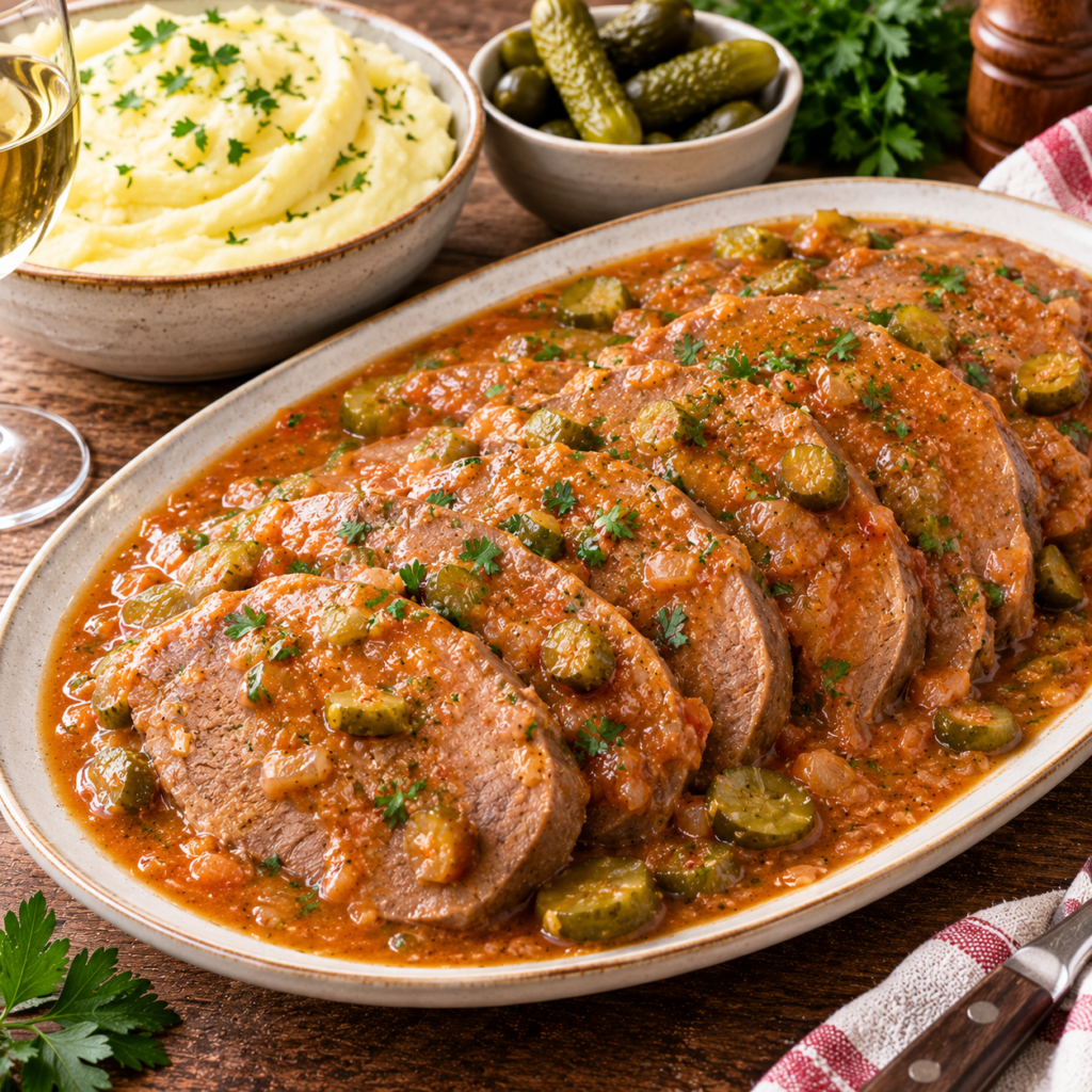 Langue de bœuf sauce piquante aux cornichons